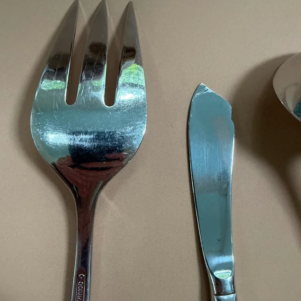 Gorham Colonial Tipt Glossy Stainless Hostess Serving Set Forks Ladle Spoon 5pc